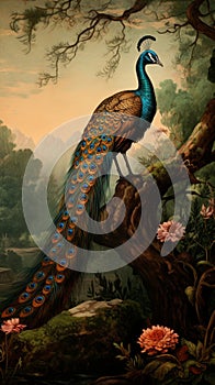 Chie Yoshii Inspired Peacock Painting: Detailed Wildlife In Baroque Style