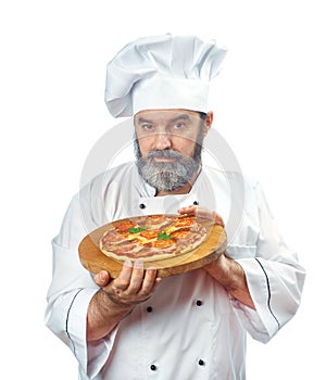 Chief cook holding pizza napoletana photo