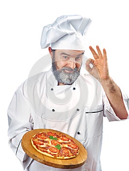 Chief cook holding pizza napoletana photo