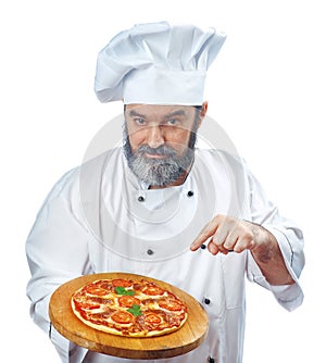 Chief cook holding pizza napoletana photo