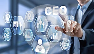 Chief Executive Officer CEO concept. Businessman hand touching CEO on virtual screen