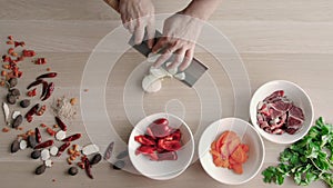 Chief Hands Cutting Onions, Making Salad. Top View Chief Cutting Vegetables. Healthy Lifestyle, Diet food