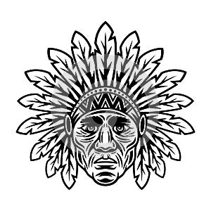 Chief head native american in traditional indian headdress with feathers vector illustration in monochrome vintage style