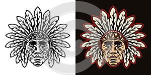 Chief head native american in traditional indian headdress with feathers vector illustration in two styles black on