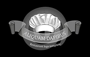 Chiefâ€™s hat with ribbon. Restaurant or cafe logo template. White on black.