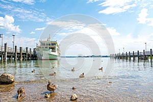 Chiemsee lake ferry ship docked at Men`s Island Herreninsel, Bavaria, Germany