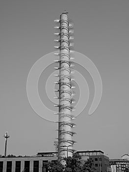 Santo Volto Church spire in Turin, black and white photo