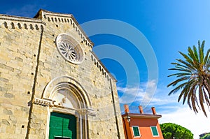 Chiesa Di San Pietro catholic church in Corniglia village with clear blue sky copy space background in beautiful summer day, Natio