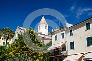 Chiesa Di San Pietro catholic church in Corniglia village with clear blue sky copy space background in beautiful summer day, Natio