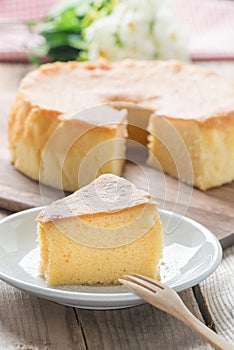 Chiffon cake on white dish.