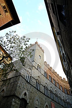 Chigiana Music Academy in Siena. Ancient Chigi Saracini Lucherini palace built in stone