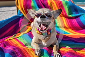 Chihuahua Beach Day: Playful Pup with Sunglasses on Colorful Towel
