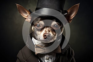 Chihuahua in a black top hat and tailcoat with a bow tie on a black background
