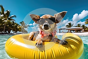 Chihuahua Chillax: A Fun Stock Photo of a Dog in Sunglasses on a Beach Float - Generative AI