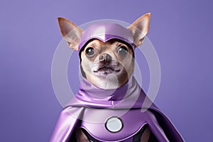 Chihuahua Dog Dressed As A Superhero On Lavender Color Background photo