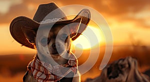 Chihuahua dog dressed in cowboy attire at sunset