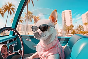 A Chihuahua dog is driving a car in a resort town with palm trees