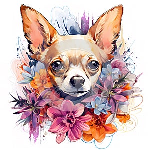 Chihuahua dog head and beautiful tropical flowers on white background. Mammals. Pet. Animals.