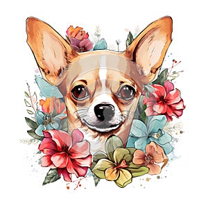 Chihuahua dog head and beautiful tropical flowers on white background. Mammals. Pet. Animals.