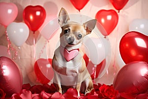 Chihuahua dog with heart shaped balloons on Valentine\'s Day