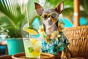 Chihuahua dog is relaxing on the beach with a cocktail. The concept of summer tourism. Generative AI