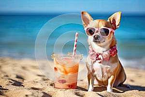 Chihuahua dog is relaxing on the beach with a cocktail. Resort holiday concept with pets. Generative AI