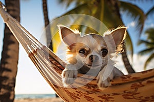 Chihuahua dog relaxing in hammock with tropical beach in background