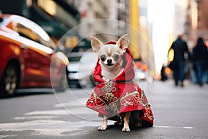 Chihuahua dog in suit strutting the streets