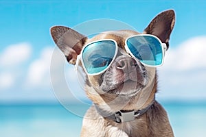 Chihuahua dog in sunglasses against the background of the sea. A summer holiday concept. Generative AI