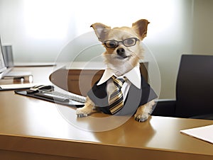 Chihuahua dog working in office. Concept of pet officer, chairman, chief or boss. AI generated image