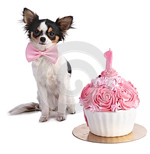 Chihuahua in front of her a pink birthday cake