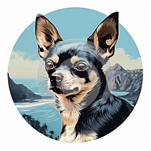 Chihuahua Portrait With Blue Ocean: Graphic Illustration Of Tropical Landscapes