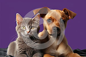 Chihuahua pup and British Shorthair kitten charm the camera together photo