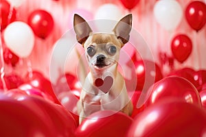 Chihuahua puppy with red heart on background of red balloons, Valentine\'s Day notion