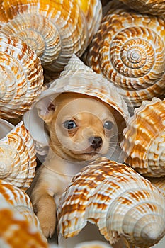 chihuahua puppy and seashells