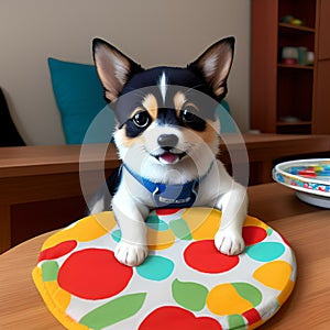 chihuahua puppy sitting in a basket on a bed