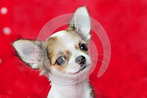 Chihuahua puppy sitting on a red blanket