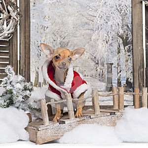 Chihuahua puppy wearing a christmas suit in a winter scenery