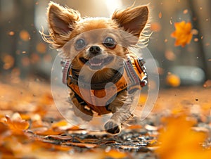 Chihuahua running in the park. Funny chihuahua dog running in park on autumn leaves