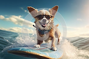 Chihuahua\'s Beach Adventure: Sunglassed Pup Rides the Surfboard with Joy - Generative AI