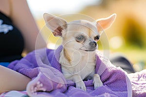 chihuahua in a small, purple towel on a womans arm