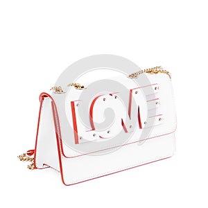 Chik female bag from white leather with red trim and a gold shoulder chain, decorated with the cut-out word \