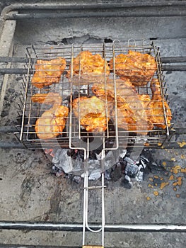 Chiken wings and kebabs and on BBQ