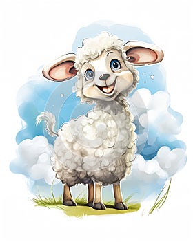 A chil cartoon sheep with a happy face is standing in a field