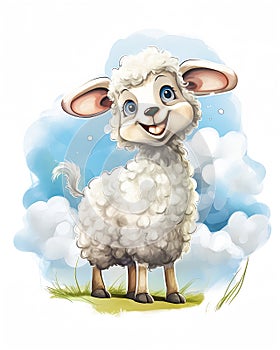 A chil cartoon sheep with a happy face is standing in a field photo