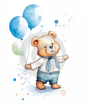 A chil teddy bear is delighted and cheerful, standing and holdin photo