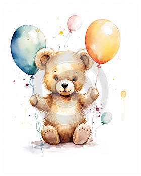 A chil teddy bear holding balloons shaded flat illustration matt