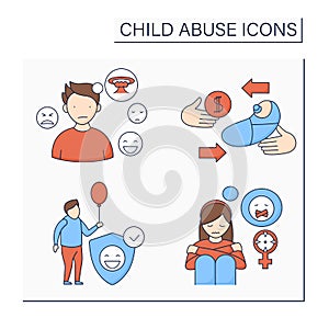 Child abuse color icons set