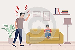 Child abuse concept. Father yells at scared boy sitting on the sofa