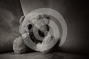 Child abuse concept. Teddy bear sits on the sofa